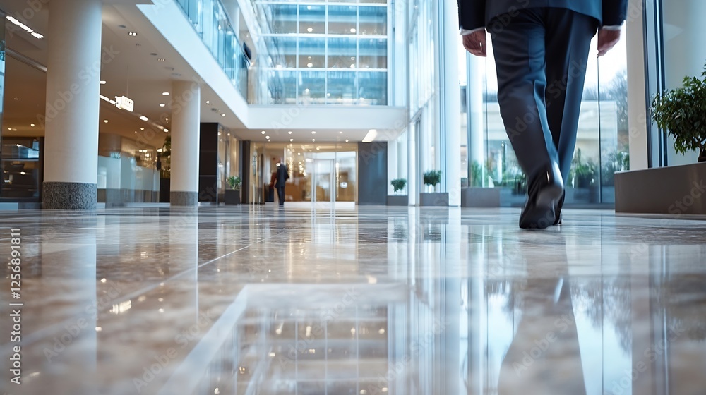 Poster Business person walking through a modern office building with polished floors and large windows reflecting light : Generative AI