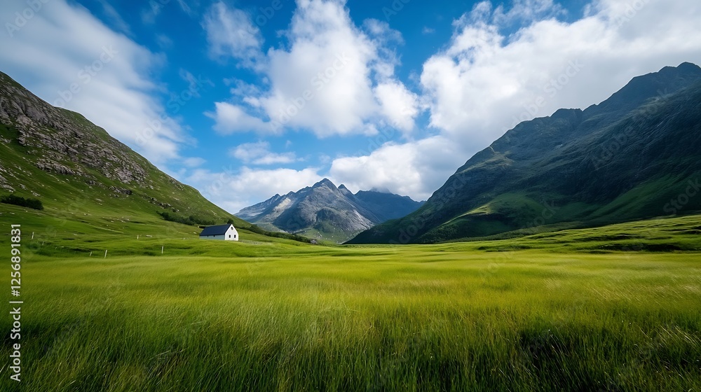 Poster scenic view of a tranquil valley with a small house surrounded by lush green mountains and dramatic 