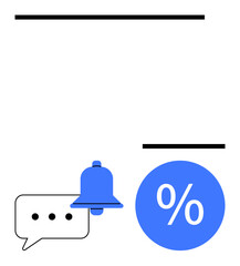 Notification bell, message bubble with dots, and blue percentage sign, flanked by black horizontal lines. Ideal for communication, alerts, notifications, updates, reminders messaging discounts