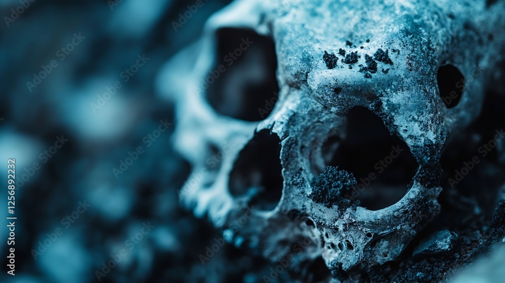 Poster closeup of an ancient weathered skull resting on dark soil : generative ai