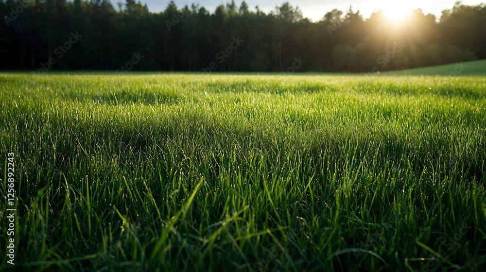 Poster sunlight illuminating a vast field of vibrant green grass : generative ai