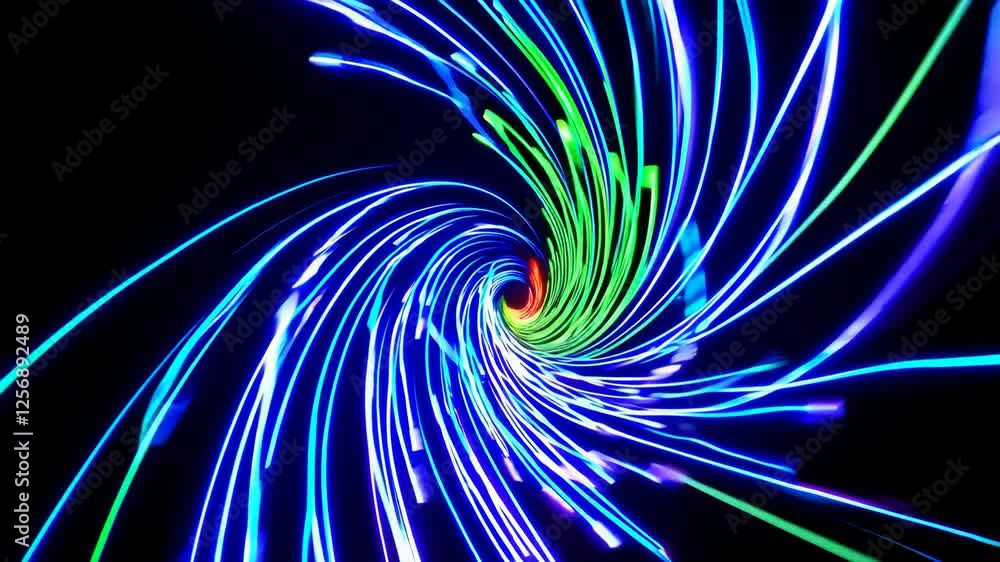 Poster colorful light trails forming a spiral pattern against a black background, abstract and futuristic c