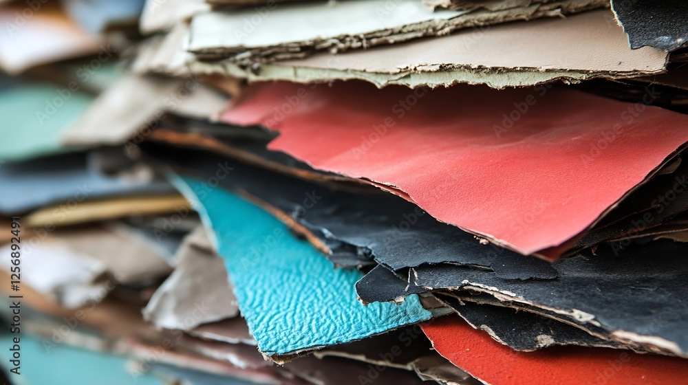 Poster Close up view of assorted colored scrap leather pieces stacked chaotically showcasing various textures and tones : Generative AI