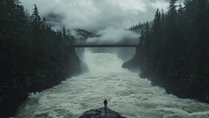 A solitary figure amidst the powerful, misty grandeur of a raging waterfall cascading through a dense, forested canyon.