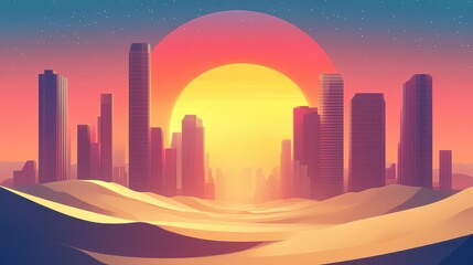 Obraz premium Retro city landscape with sunset over desert dunes