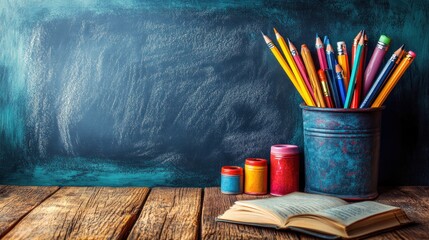 Obraz premium Colorful stationery in a rustic setting with a chalkboard backdrop and an open book on a wooden table