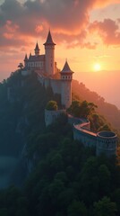 Fototapeta premium Ancient fortress walls with towers, surrounded by dense forest