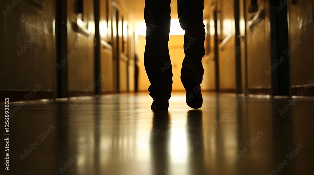 Aufkleber Silhouette of a person walking down a corridor with soft lighting creating a serene yet mysterious atmosphere : Generative AI