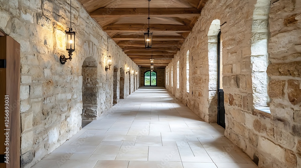 Aufkleber elegant stone corridor design featuring natural light and classic architectural elements : generativ