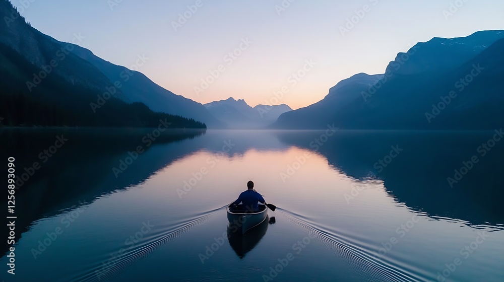 Poster serene lake view at dawn with a lone rower on calm waters surrounded by majestic mountains : generat