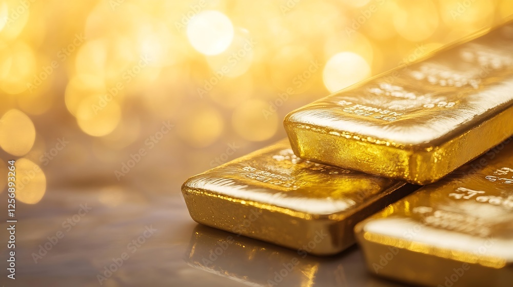 Poster shiny gold bars stacked together on a reflective surface with bokeh background : generative ai