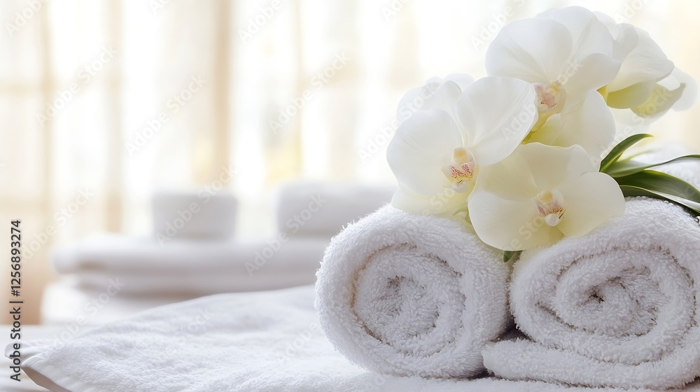 Poster elegant white towels rolled up with beautiful orchid flower in spa setting : generative ai