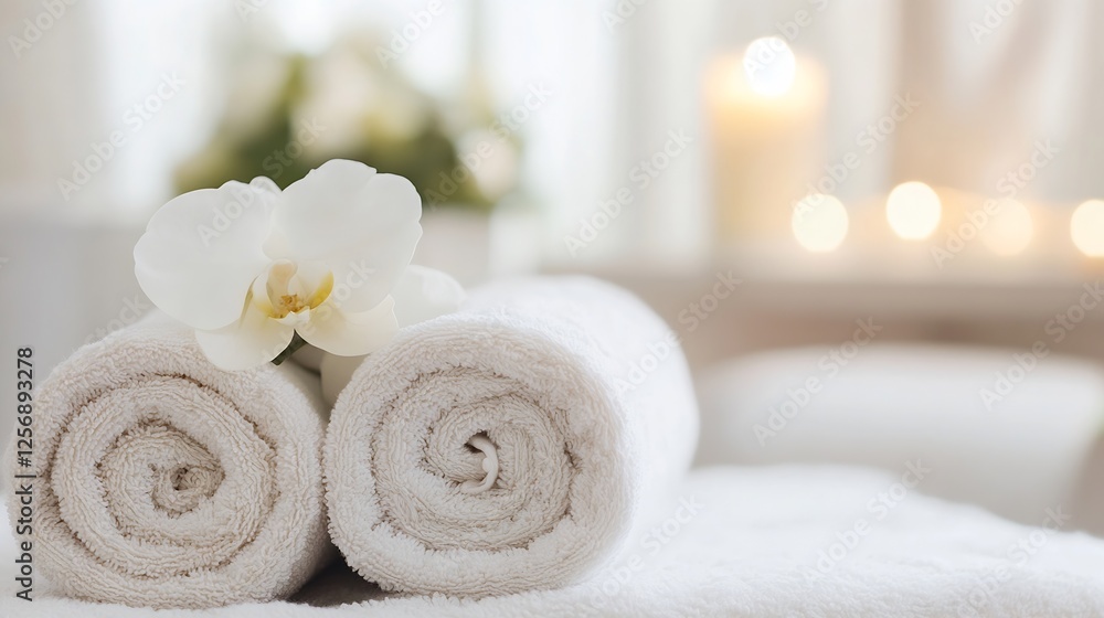 Aufkleber soft and fluffy towels arranged with orchid flower in serene spa atmosphere : generative ai