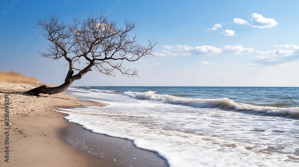 Poster Scenic view of a beach with waves crashing on the shore and a lonely tree : Generative AI