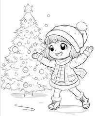Coloring page for kids a cute kawaii girl in a Christmas outfit dancing around the lush Christmas tree in a cartoon style with thick lines and low details no s