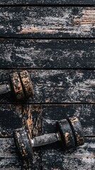 Rustic dumbbells on worn wood, fitness background, workout concept, gym