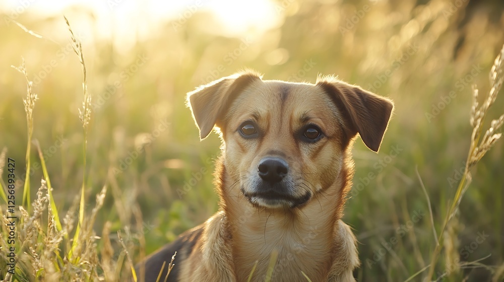Poster Adorable Dog with Warm Expression Sitting in a Natural Field Setting Illuminated by Soft Golden Light : Generative AI