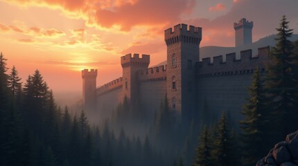 Fototapeta premium Ancient fortress walls with towers, surrounded by dense forest