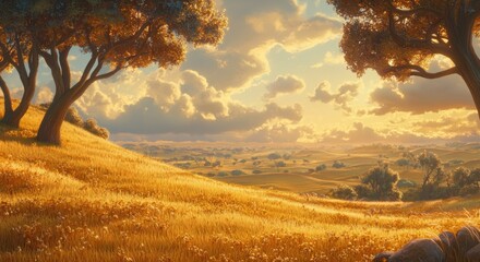 Obraz premium Serene Sunset Over Rolling Hills with Lush Fields and Majestic Trees Under a Golden Sky
