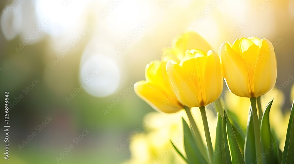 Poster closeup of bright yellow tulips in soft sunlight creating a beautiful springtime atmosphere in a gar