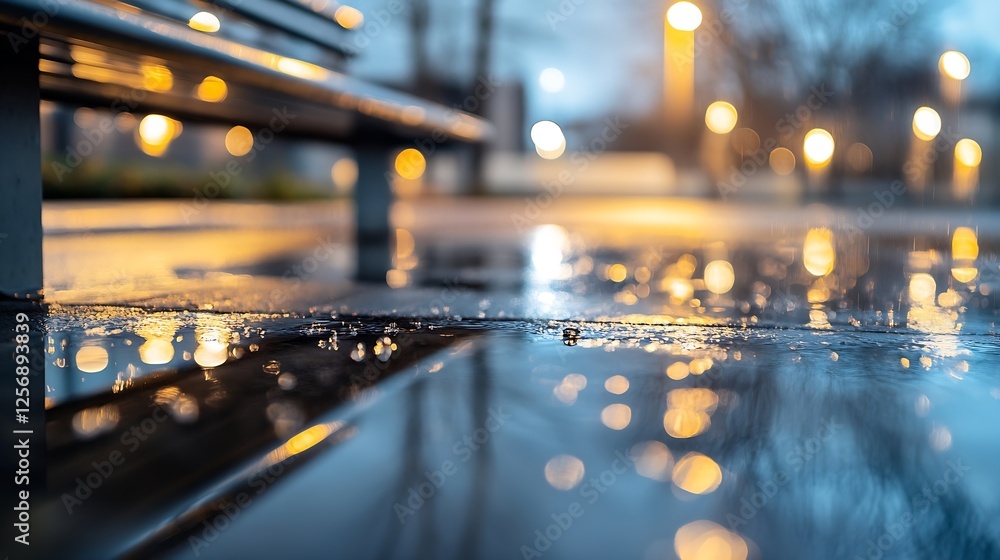Poster beautiful evening scene with reflections on wet pavement and glowing lights in a quiet park : genera