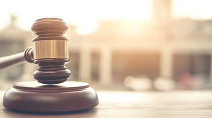 Gavel on wooden table, court setting, justice, legal proceedings