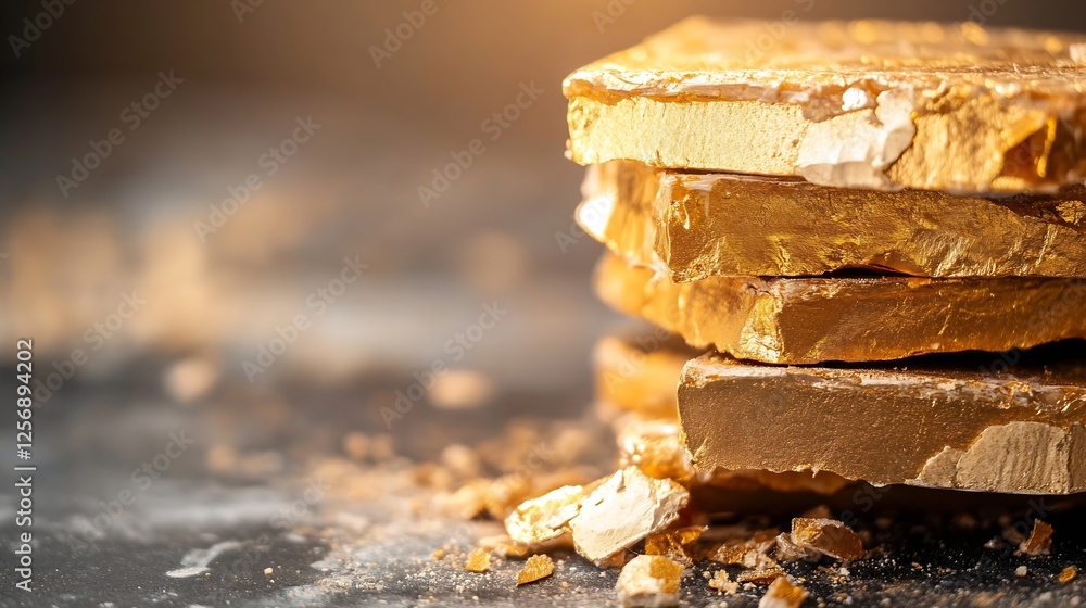 Poster Golden pieces of dessert with rich texture and scattered crumbs on dark surface illuminated by soft light : Generative AI