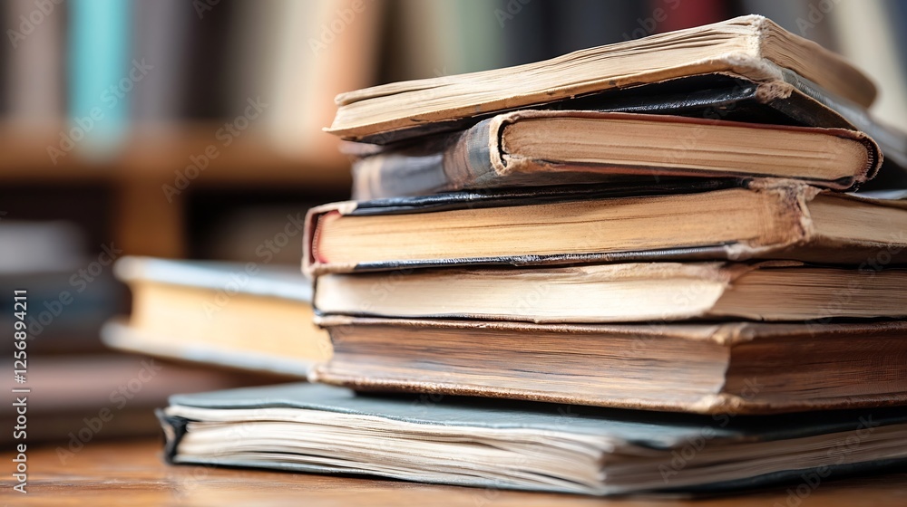 Poster A closeup view of old books stacked on a wooden surface with blurred background : Generative AI