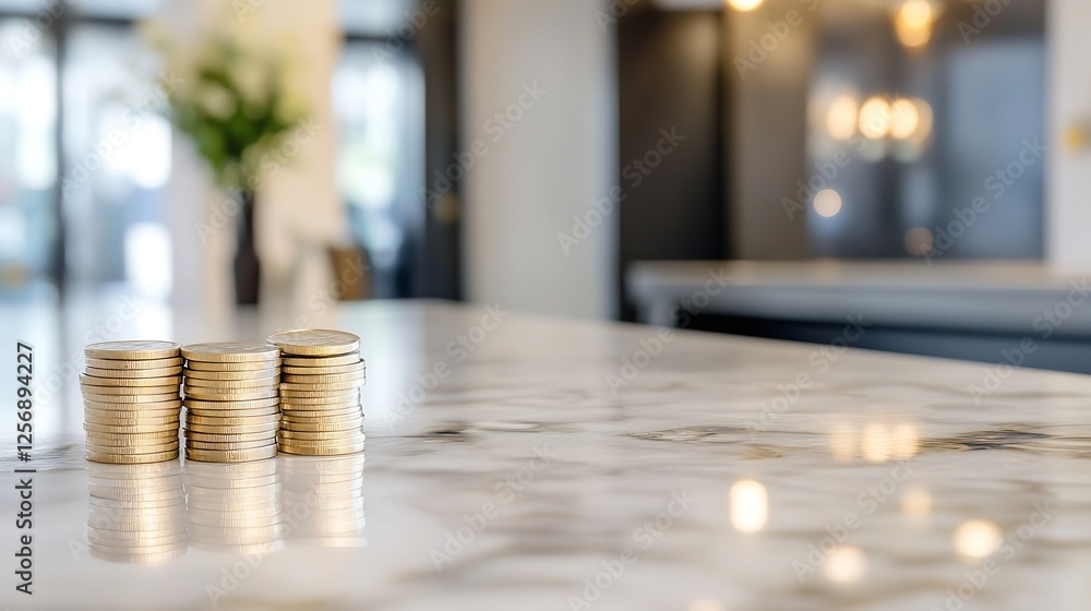 Poster Stack of coins arranged neatly on marble table with stylish interior and soft lighting creating a modern look : Generative AI