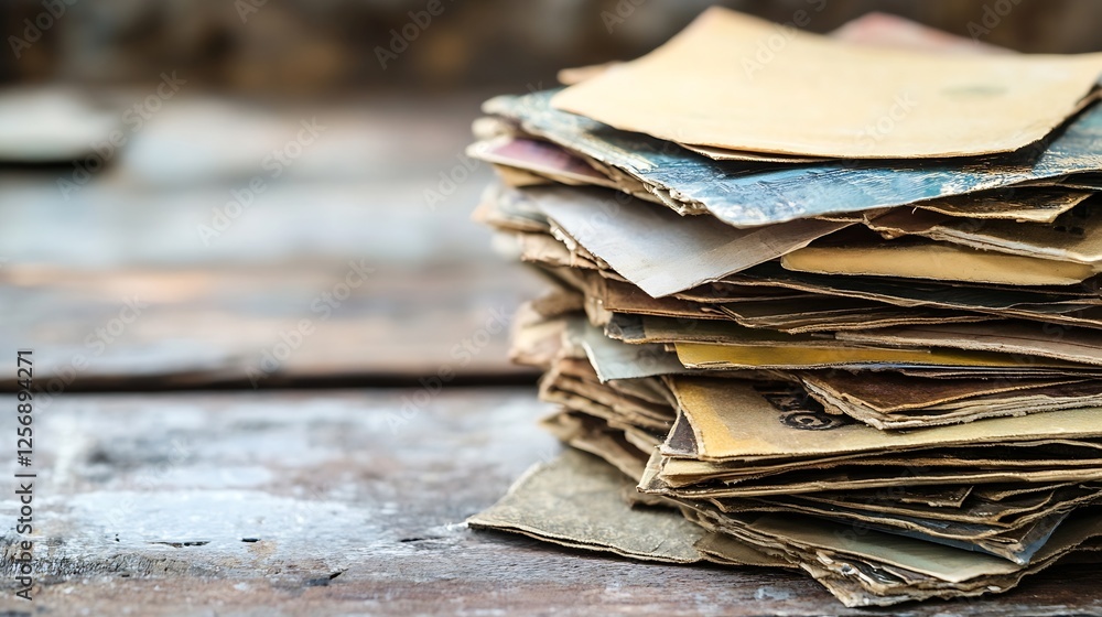 Poster A rustic stack of vintage papers and documents on a weathered wooden surface : Generative AI
