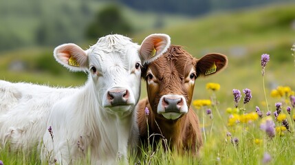 Adorable closeup of two young cows standing in a vibrant green field filled with wildflowers : Generative AI