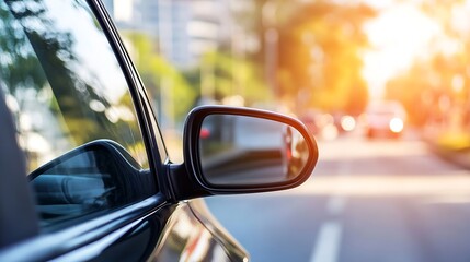 Reflective side mirror of a car capturing the cityscape with a soft sunset glow : Generative AI