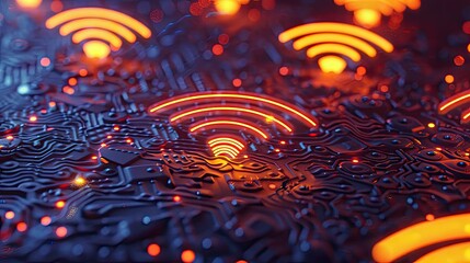 Glowing WiFi signals in digital landscape