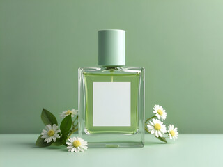 Elegant perfume bottle on soft green background with delicate daisy accents