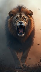 Fototapeta premium Majestic lion with open maw Portrait of angry Lion in the wild animal the close up view of the face of a dangerous lion with a full frame The king of jungle. plastic style pastel color warm-toned and