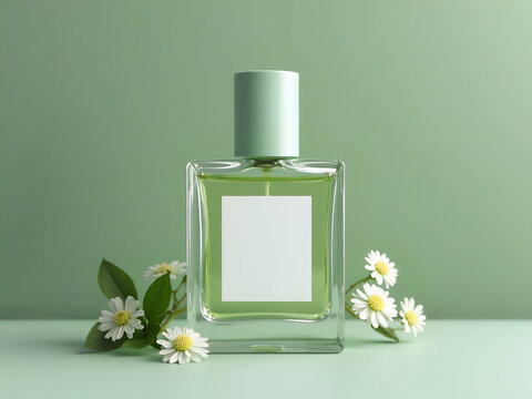 Elegant perfume bottle on soft green background with delicate daisy accents
