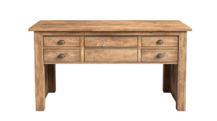 A rustic wooden desk with multiple drawers, perfect for home office or workspace. transparent background