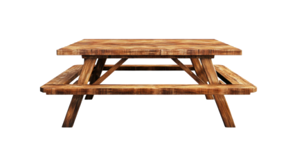 A rustic wooden picnic table ideal for outdoor gatherings and leisure activities. transparent background