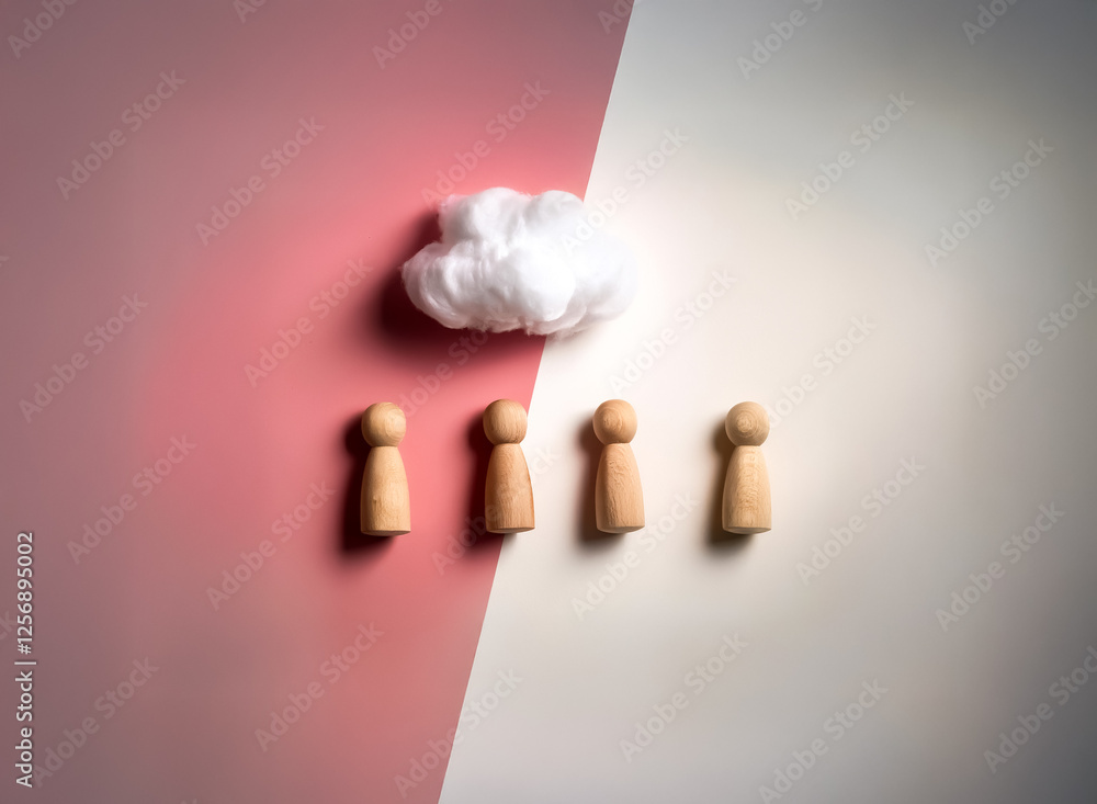 Aufkleber simple scene displays four wooden figures under a fluffy white cloud. the background is diagonally s