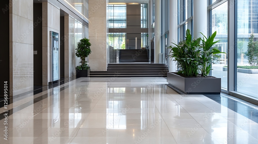 Aufkleber modern architectural interior with clean lines plants and floor to ceiling windows : generative ai