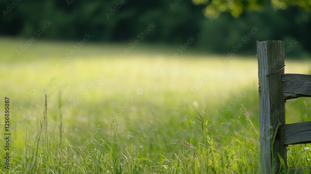 Poster serene and tranquil green field with wooden fence during a sunny day in nature : generative ai