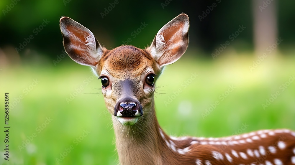 Poster closeup of a curious fawn with big ears standing on lush green grass in the wild : generative ai