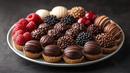 Assorted Gourmet Chocolates and Fresh Raspberries on a Plate Ready for Enjoyment