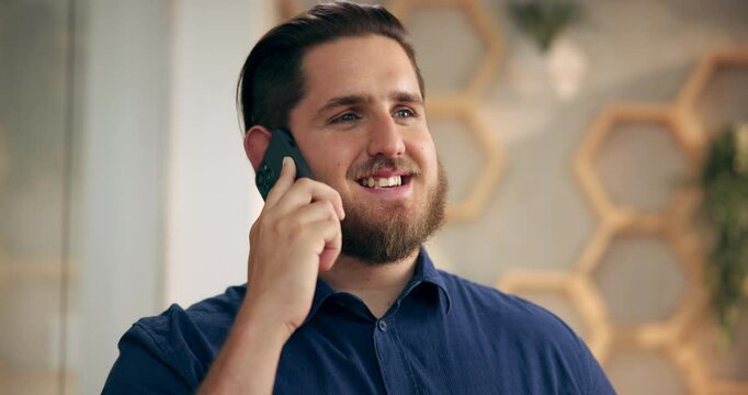 Man, phone call and online interview in office, hr recruitment and app for communication. Networking, headhunter specialist and speaking to job candidate for review, onboarding process and hiring