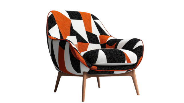 Modern design chair with bold geometric patterns in black, white, and orange colors. transparent background