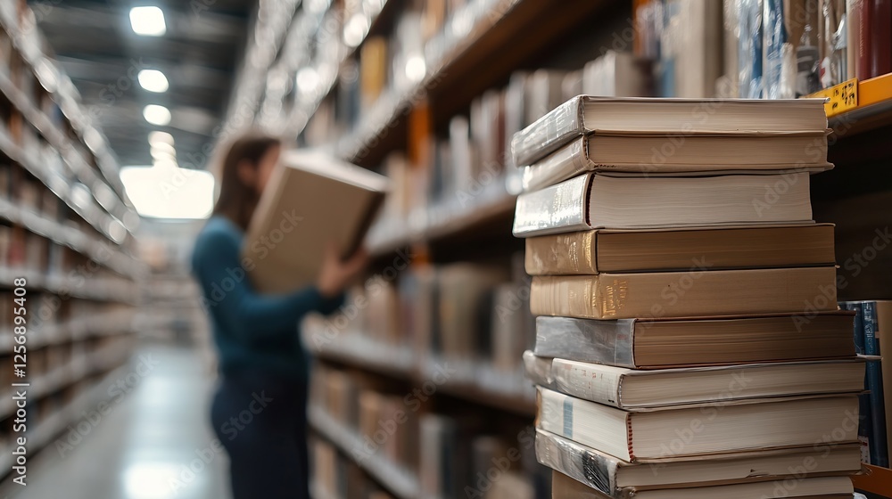 Poster Woman browsing through a large selection of books in a library surrounded by tall bookshelves : Generative AI