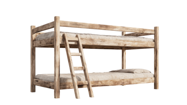 Rustic wooden bunk bed with a simple ladder, perfect for cozy spaces and shared rooms. transparent background
