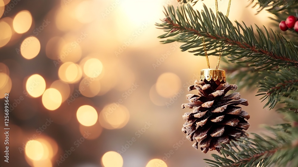 Poster festive closeup of a pinecone ornament hanging on a christmas tree with blurred lights in the backdr