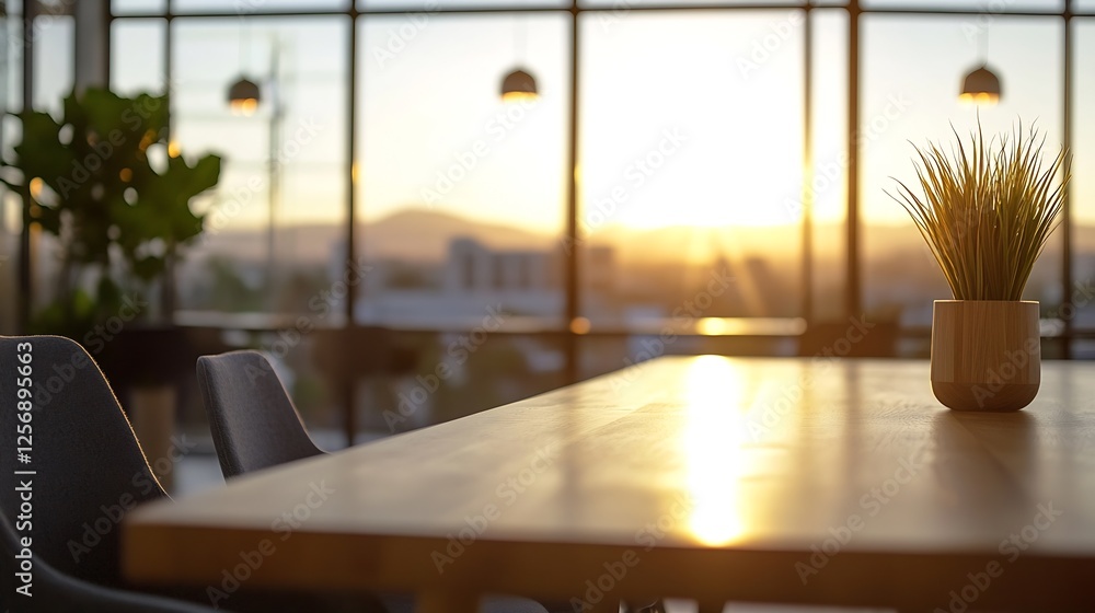 Poster Scenic view of a cozy modern workspace with a sunlit table and greenery for inspiration : Generative AI