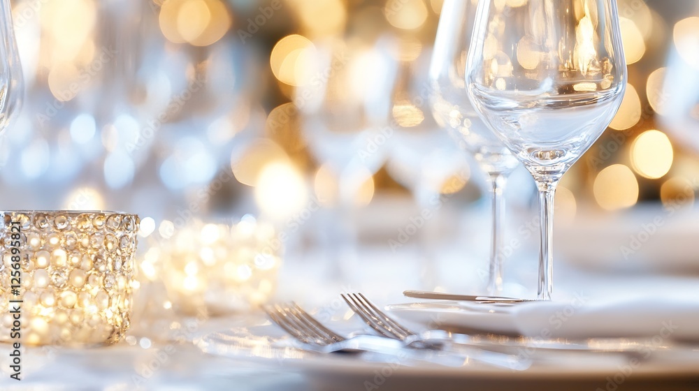 Poster Elegant dining table set with crystal glasses and twinkling bokeh lights for a festive gathering : Generative AI